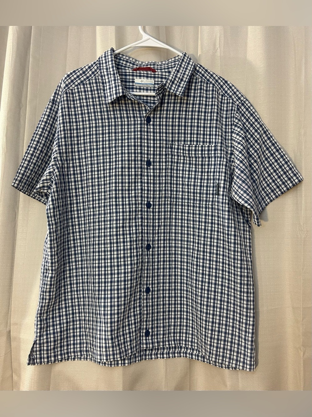 Columbia Men's Short Sleeve Plaid Button Up Shirt Blue White Gingham L